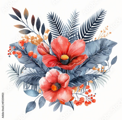 Watercolor Illustration of Vibrant Flowers and Foliage