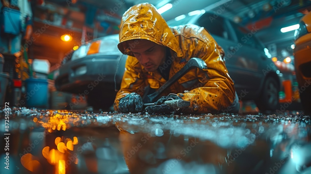 Mechanic Working in a Wet Garage at Night - Generative AI Mechanic Working in a Wet Garage at Night - Generative AI