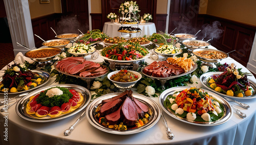 Full table of delicious Dinner party table European foods and drinks from top view, Happy dining time, buffet food dishes background