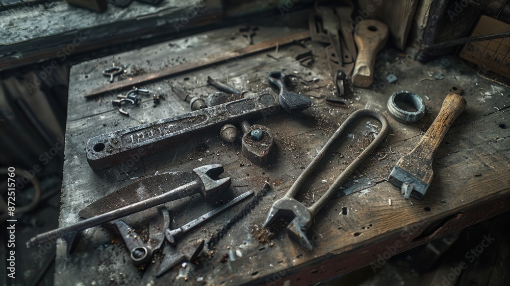 Weathered metal tools on an old wooden workbench Weathered metal tools on an old wooden workbench