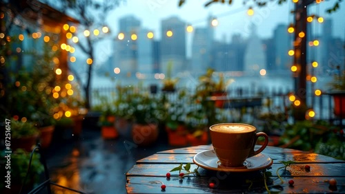 Cup of coffee on a table at outdoor cafe with city skyline in the background. Urban relaxation concept