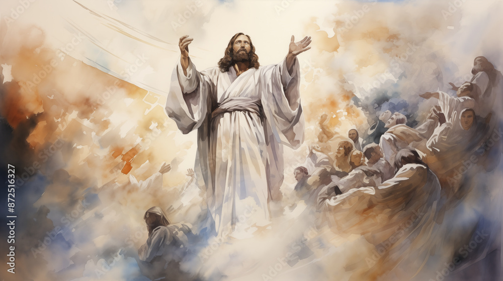 Jesus ascended into heaven in the presence of his disciples, watercolor style. Jesus ascended into heaven in the presence of his disciples, watercolor style.