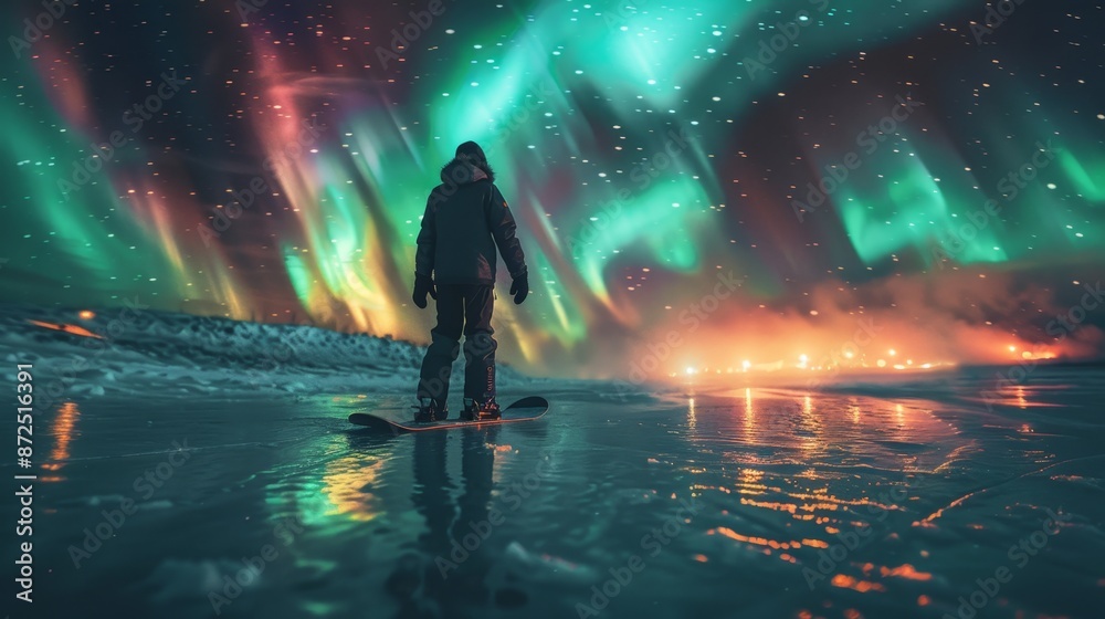 Person Snowboarding Under Northern Lights - Generative AI Person Snowboarding Under Northern Lights - Generative AI