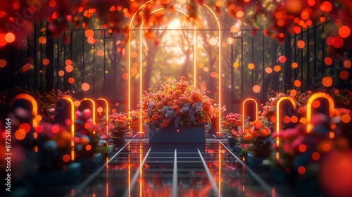 the beautifully lit floral arrangement in a glowing, dreamy garden setting