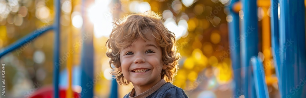 Fototapeta premium Smiling Young Boy Playing on Playground During Sunny Day