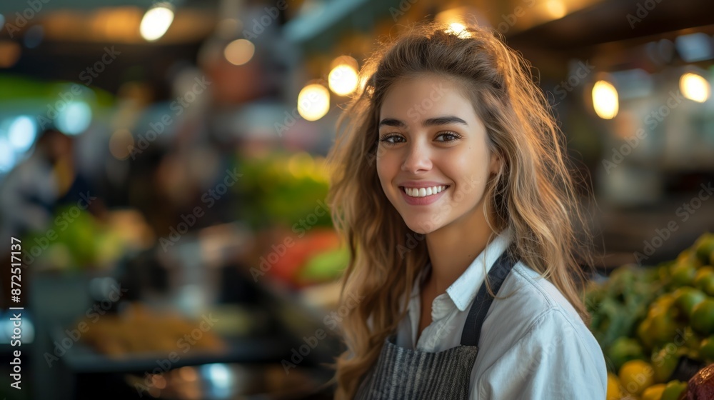 Young woman sells fruit in supermarket Young woman sells fruit in supermarket