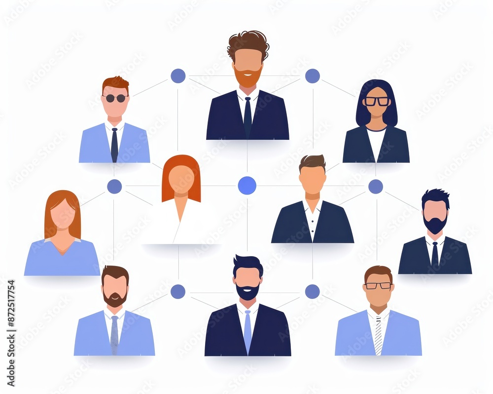 of a connected social network with diverse professional avatars in a web-like structure on a white background. of a connected social network with diverse professional avatars in a web-like structure on a white background.