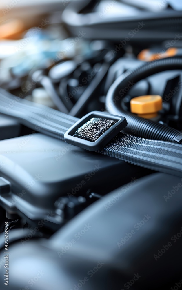 Close-up of a car engine with focus on the belt, showcasing intricate mechanical details and automotive engineering. Close-up of a car engine with focus on the belt, showcasing intricate mechanical details and automotive engineering.