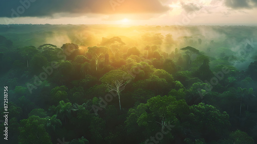 Beautiful green Amazon forest landscape at sunrise or sunset reflects the beauty and grandeur of nature. Adventure explore air dron view vibe.