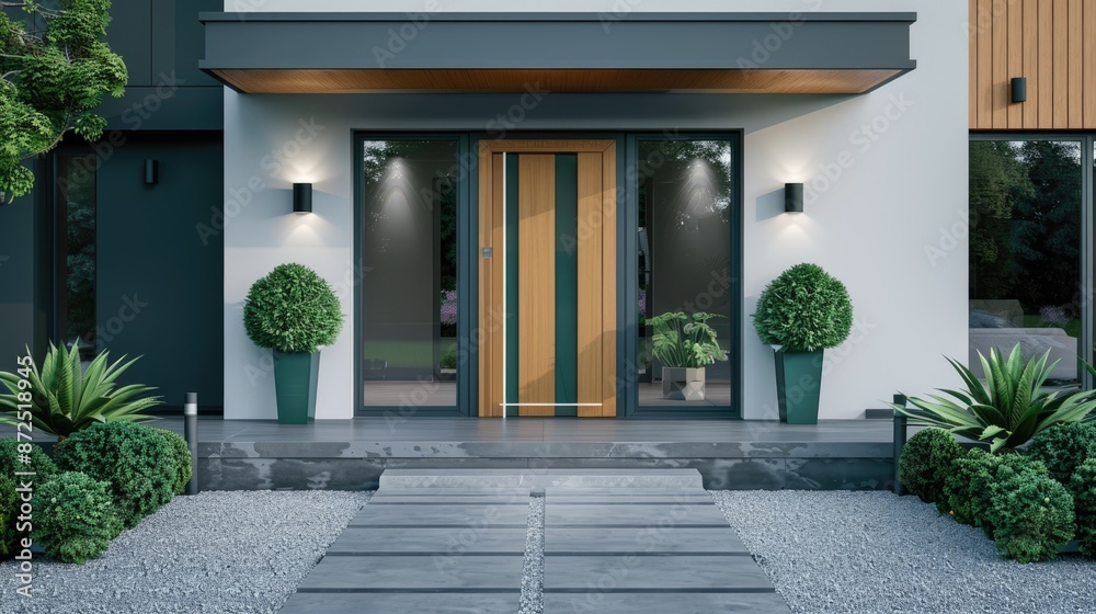 Fototapeta premium Wooden entrance door to modern white house with paving footpath and backside garden