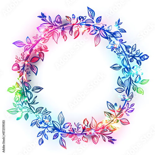 A colorful floral wreath with various leaves on a white background is perfect for festive decor, highlighting botanical elements and natureinspired design in its illustration