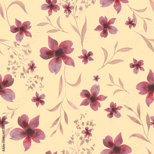 Wallpaper Mural Monochrome burgundy branches with leaves and flowers. Seamless pattern on a yellow background. Hand drawn watercolor illustration. For design, fabrics, textiles, wallpaper, prints, wrapping paper Torontodigital.ca