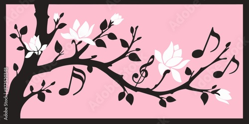 Elegant silhouette of a flowering branch with musical notes on a pink background, blending nature and music themes, ideal for artistic wall decor and creative designs.