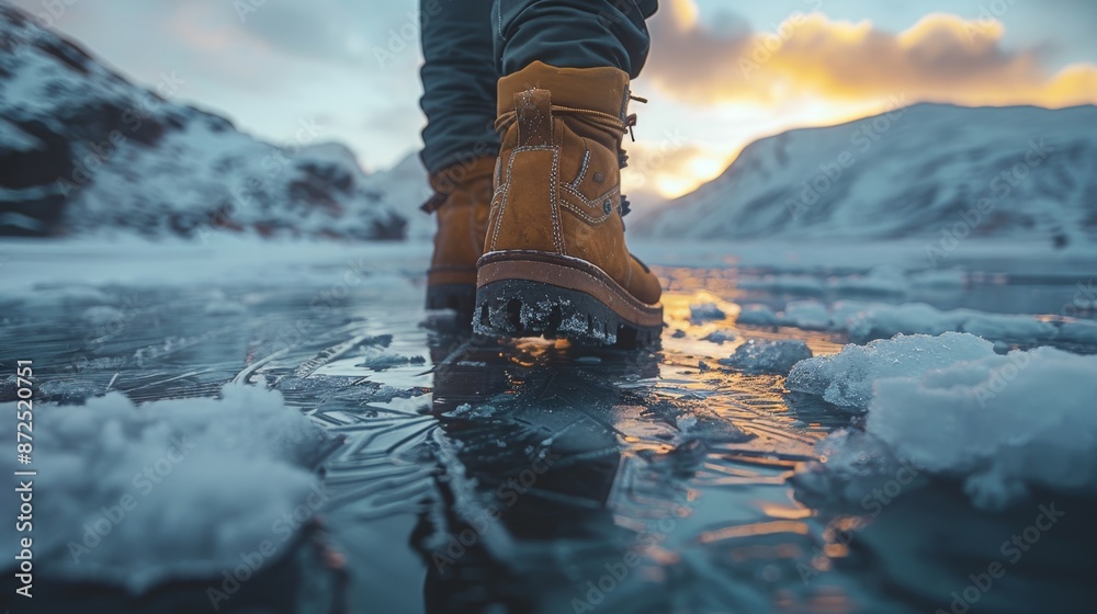 Hiking Boots on Frozen Lake at Sunset - Generative AI Hiking Boots on Frozen Lake at Sunset - Generative AI