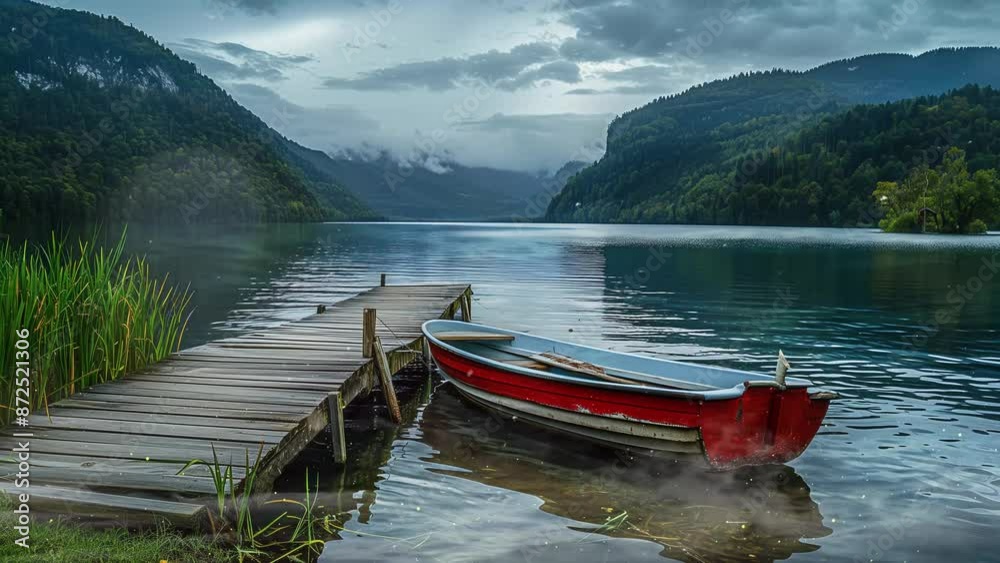 small dock and boat at a beautiful lake nature background seamless looping overlay 4k virtual video animation background small dock and boat at a beautiful lake nature background seamless looping overlay 4k virtual video animation background
