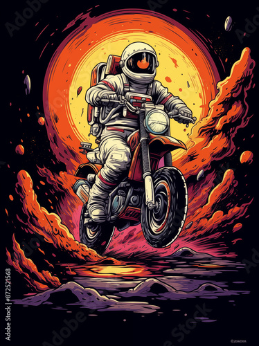  T-shirt design of an astronaut riding on the edge off motorcycle,