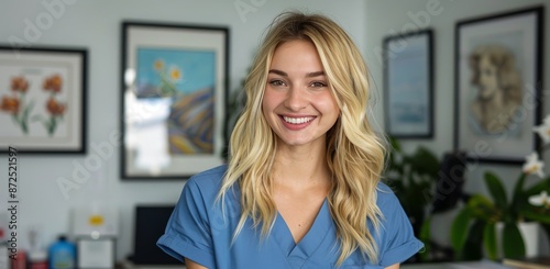 Smiling Woman In Blue Scrubs Stands In Office