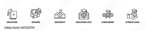Scholarship banner web icon set vector illustration concept with icon of education, diploma, university, education cost, scholarship, loan student