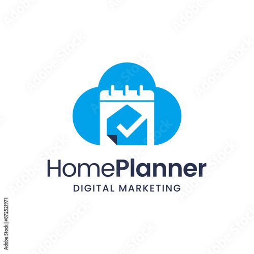 The logo is a fusion of three main elements: clouds, houses and calendars.