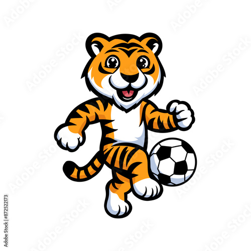 The mascot logo illustrates a tiger playing soccer.