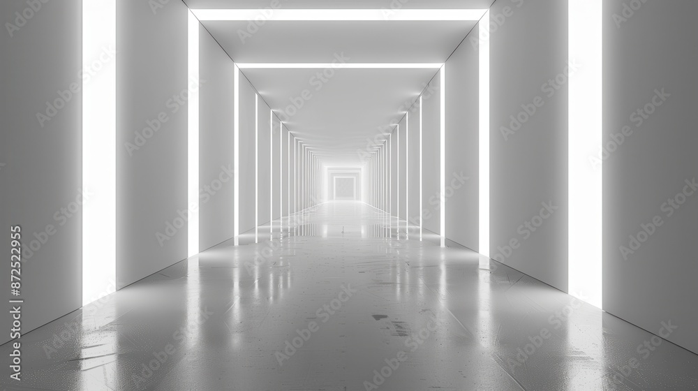 Modern White Corridor with Bright Lights and Reflective Floor Architectural Design Modern White Corridor with Bright Lights and Reflective Floor Architectural Design