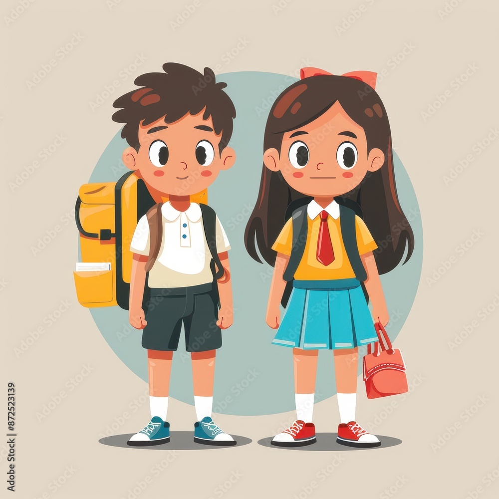 Two children are standing next to each other, one wearing a backpack