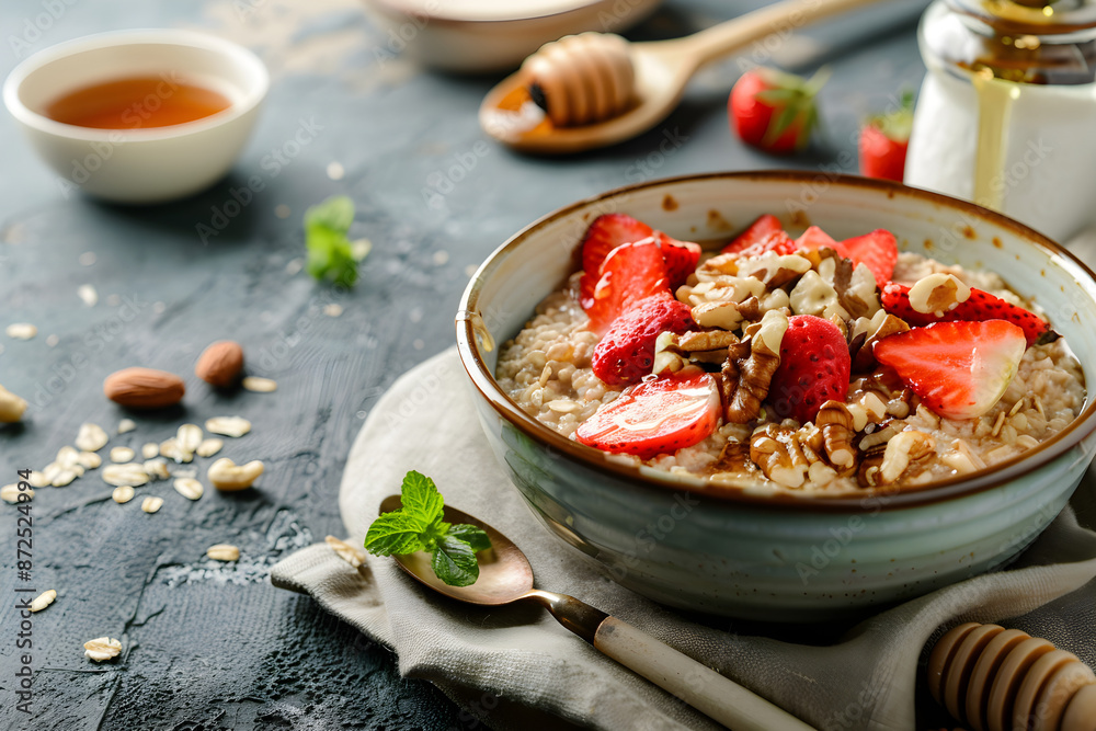 A bowl of oatmeal topped with sliced strawberries, nuts, and honey, accompanied by a cup of coffee or tea A bowl of oatmeal topped with sliced strawberries, nuts, and honey, accompanied by a cup of coffee or tea