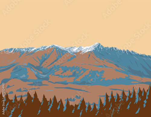 WPA poster art of Coronet Peak mountain range in Queenstown, Otago, South Island of New Zealand done in works project administration or federal art project style.

