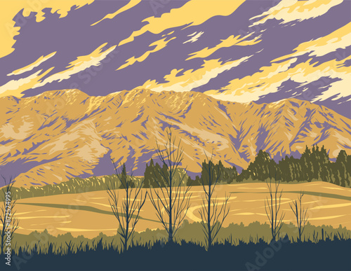 WPA poster art of the Remarkables mountain range viewed from Arthurs Point in Queenstown, Otago, South Island of New Zealand done in works project administration or federal art project style.