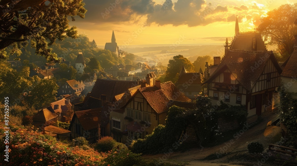 Golden hour light enveloping a quaint village, adding charm to the picturesque scene Golden hour light enveloping a quaint village, adding charm to the picturesque scene