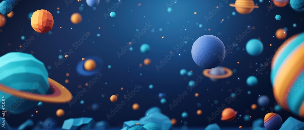 Colorful Abstract 3D Render of Floating Planets and Asteroids in Outer Space with a Dark Blue Background Colorful Abstract 3D Render of Floating Planets and Asteroids in Outer Space with a Dark Blue Background