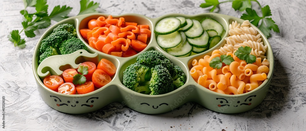 Kid-friendly healthy meals on animal-shaped plates. Kid-friendly healthy meals on animal-shaped plates.