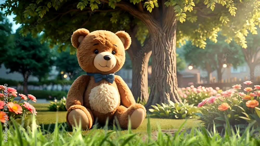 Animated teddy bear under a large tree with butterflies, seamless looping 4K video background generated by AI