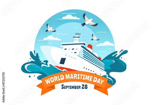 World Maritime Day Vector Illustration with Sea and Ship for Shipping Safety, Security, and the Marine Environment in a Nautical Flat Background