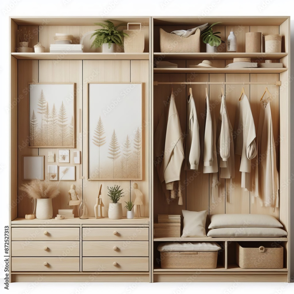 A 3D illustration of a wooden wardrobe with shelves and storage in a home or office A 3D illustration of a wooden wardrobe with shelves and storage in a home or office