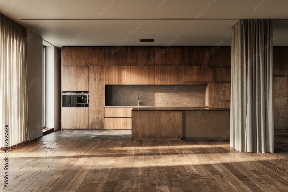 Interior of modern kitchen with wooden walls, wooden floor and brown cupboards. Interior of modern kitchen with wooden walls, wooden floor and brown cupboards.