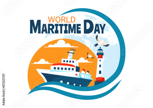 World Maritime Day Vector Illustration with Sea and Ship for Shipping Safety, Security, and the Marine Environment in a Nautical Flat Background