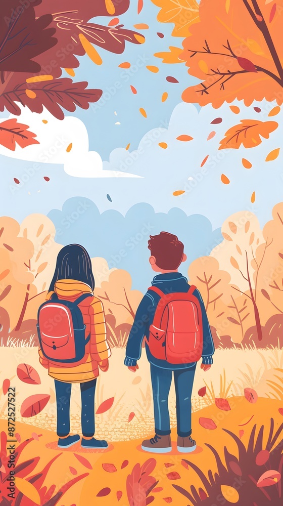 Fototapeta premium Two children stand in a colorful autumn forest, surrounded by falling leaves. They wear backpacks and look at the beautiful scenery ahead.