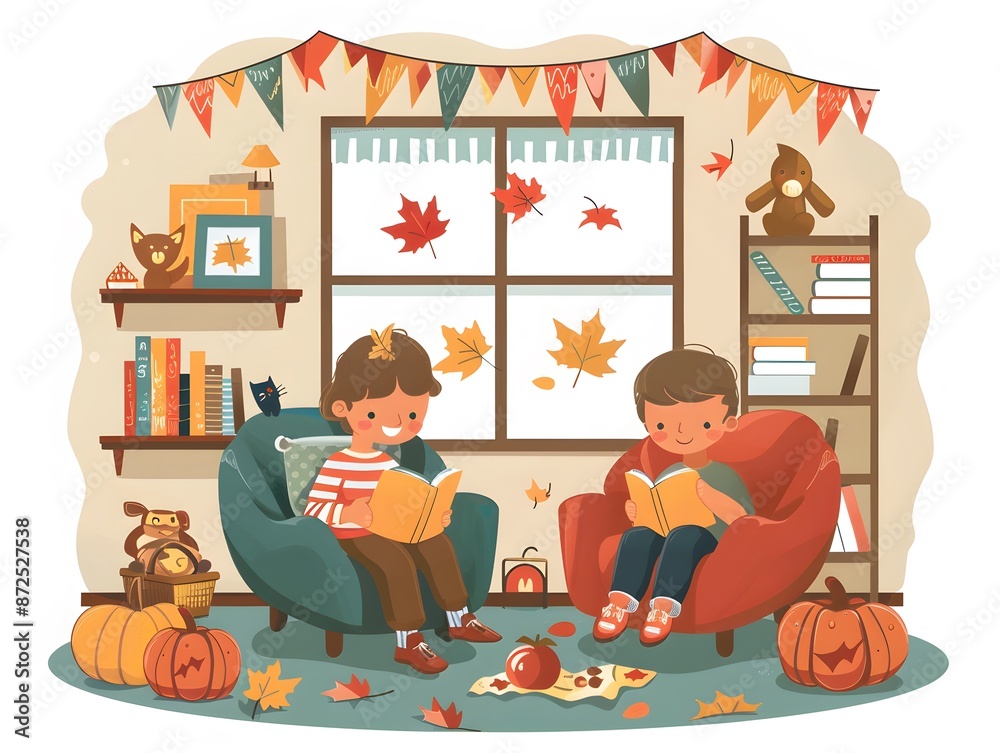 Naklejka premium Two children reading books in a cozy living room decorated for autumn.