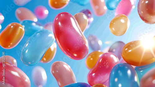 Floating colorful jelly beans bright sugary candy, delicious assorted vibrant multicolored chewy confectionery, sweet tasty sugary snack