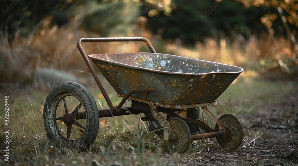 An old, rusted wheelbarrow sits abandoned in a field, symbolizing years of hard labor and the passage of time in a rural setting.