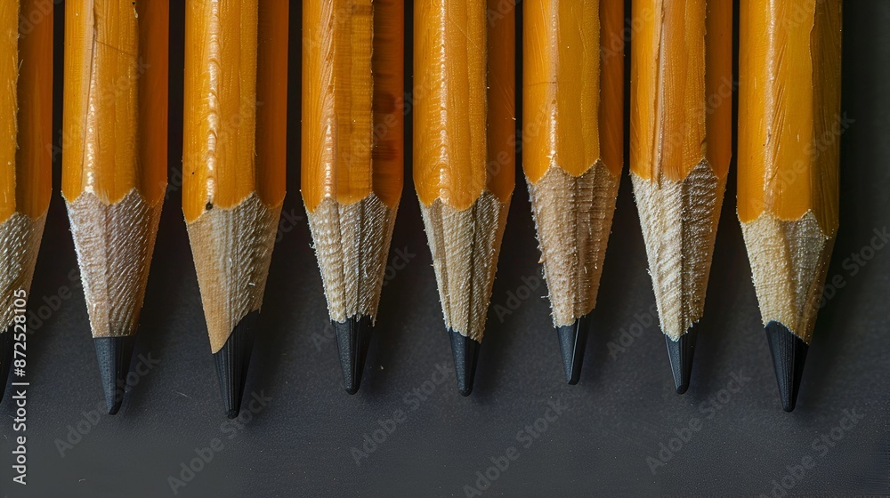 A close-up image of neatly sharpened pencils aligned in a row, showcasing their precision and readiness for writing or drawing. A close-up image of neatly sharpened pencils aligned in a row, showcasing their precision and readiness for writing or drawing.