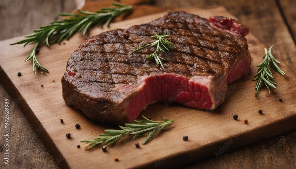 Well-marbled ribeye steak with rosemary seasoning on wooden cutting board surrounded by sprigs of rosemary and red peppercorns against dark background Well-marbled ribeye steak with rosemary seasoning on wooden cutting board surrounded by sprigs of rosemary and red peppercorns against dark background