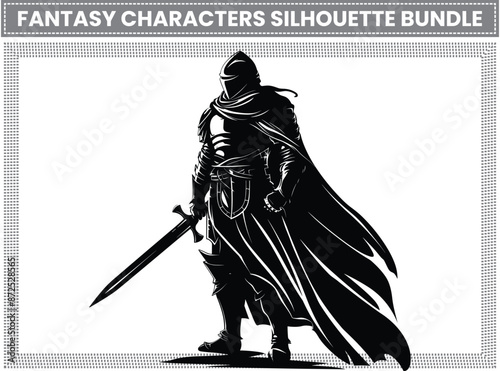 Fantasy Characters Silhouette Set, Mythology, Japanese Samurai, Warriors, and Swordsmen. Includes Samurai and Ninja Boys, Archery, and Military Figures Holding Swords for Protection.