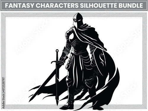 Fantasy Characters Silhouette Set, Mythology, Japanese Samurai, Warriors, and Swordsmen. Includes Samurai and Ninja Boys, Archery, and Military Figures Holding Swords for Protection.