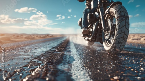 Close-up shot of a motorbike rider on the road with empty space around him and a background of desert and blue sky. Capturing the thrill of the ride in an open, expansive landscape