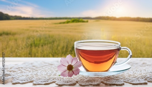 Serene Morning: Tea Cup and Flowers on a Lace Tablecloth