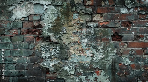 Dilapidated Brick Wall with Cracked Crumbling and Mossy Texture Moody Urban Backdrop of Aged Weathered Decay