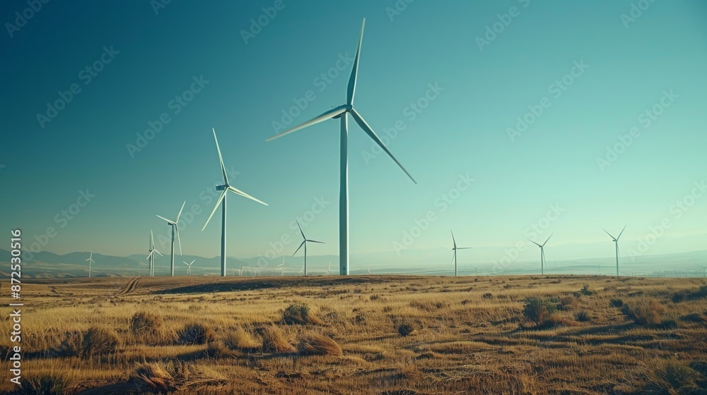 Renewable energy wind turbines in a wind farm against a clean background.  sustainable energy and environmental conservation concept