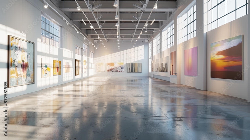 Modern Art Gallery Interior with Skylights and White Walls. Minimalist Display of Contemporary Paintings, Sunlit Exhibition Space with Panoramic Windows Modern Art Gallery Interior with Skylights and White Walls. Minimalist Display of Contemporary Paintings, Sunlit Exhibition Space with Panoramic Windows